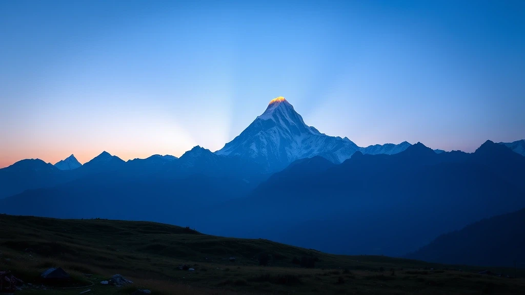 Sonnenaufgang ueber dem Machhapuchhre-Berg im Annapurna-Gebiet, Nepal