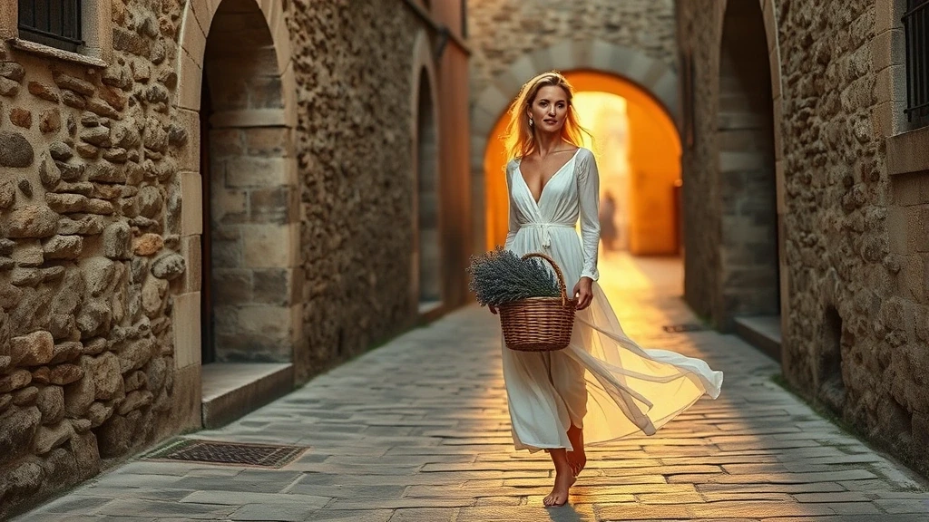Elegante Frau in weissem Leinenkleid auf mittelalterlichen Strassen von Ansouis