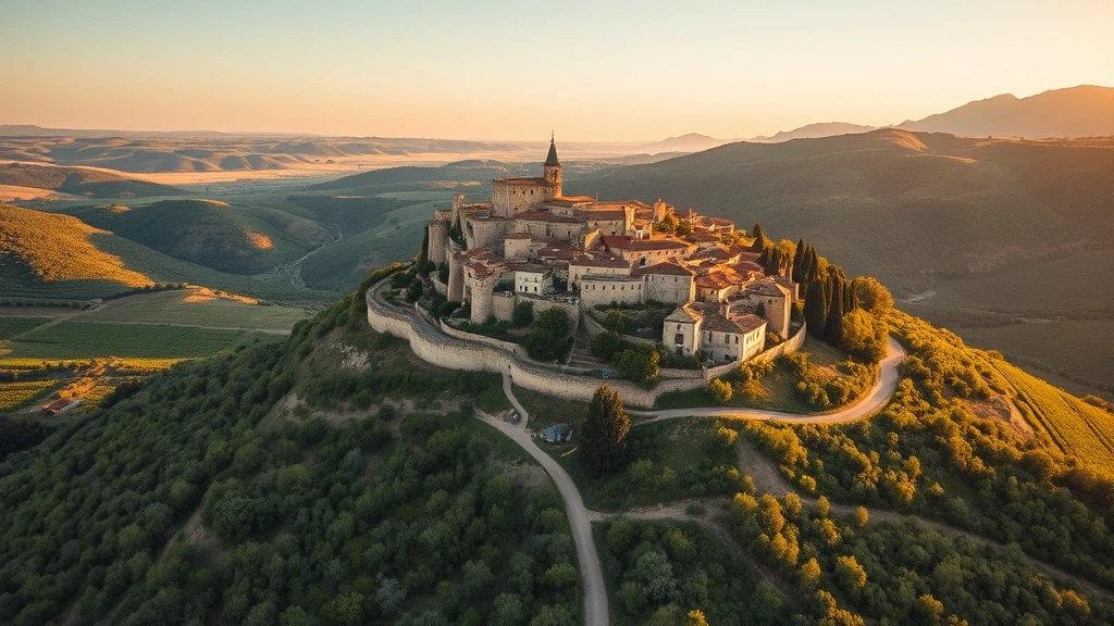 Luftaufnahme des mittelalterlichen Huegeldorfes Ansouis mit Burg im Luberon-Tal zur goldenen Stunde