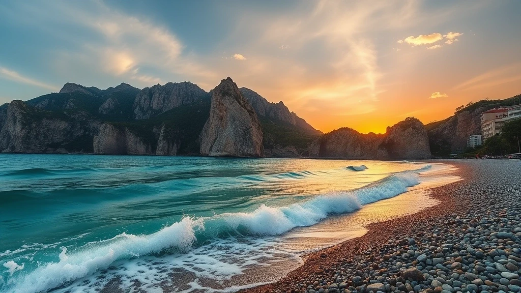 Panoramablick auf Konyaaltı Strand in Antalya zur goldenen Stunde mit Taurus-Gebirge
