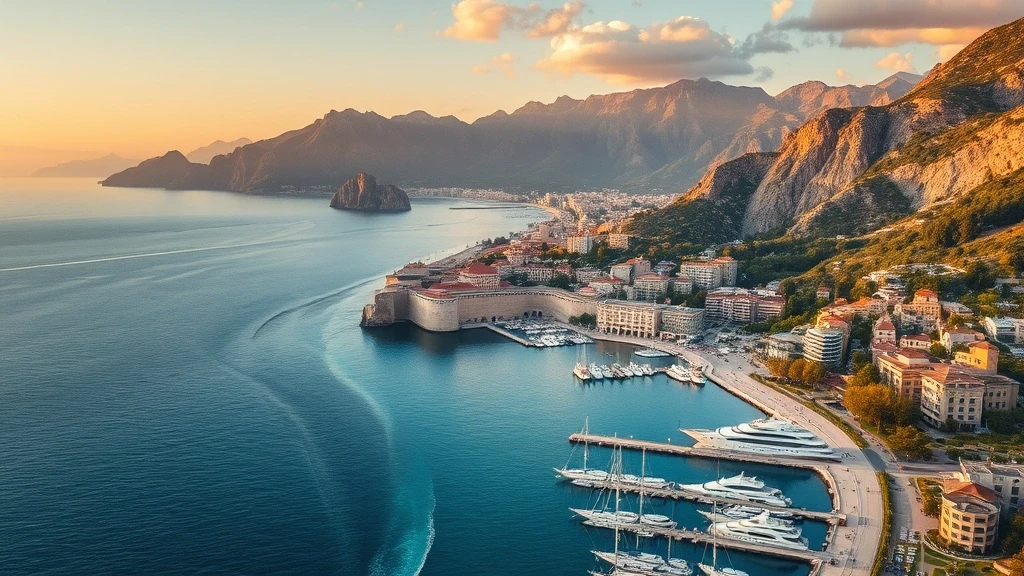 Luftaufnahme von Antalya mit Taurus-Gebirge, Mittelmeerküste und Düden-Wasserfällen zur goldenen Stunde