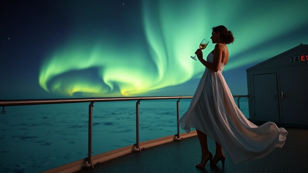 Elegante Frau auf Forschungsstationsdeck beobachtet Aurora Australis in Antarktis mit Champagner