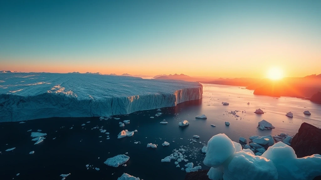 Panoramablick auf einen kalbenden Gletscher in einem tiefblauen Fjord in Antarktis bei Sonnenuntergang