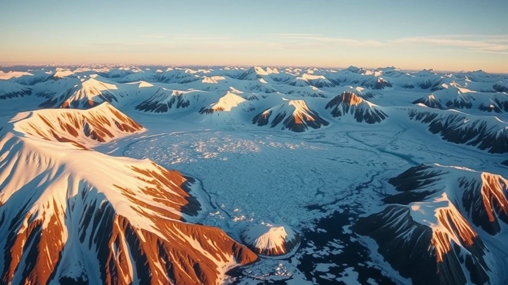 Dramatische Luftaufnahme der verschneiten Berggipfel und Gletscher in Antarktis zur goldenen Stunde