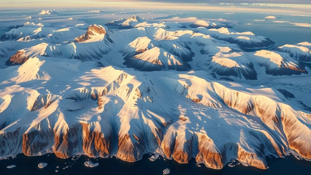 Luftaufnahme der Antarktischen Halbinsel mit schneebedeckten Bergen und Gletschern zur goldenen Stunde