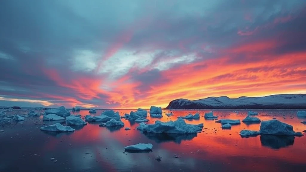 Sonnenuntergang ueber der Antarktischen Halbinsel mit Eisbergen und schneebedeckten Bergen