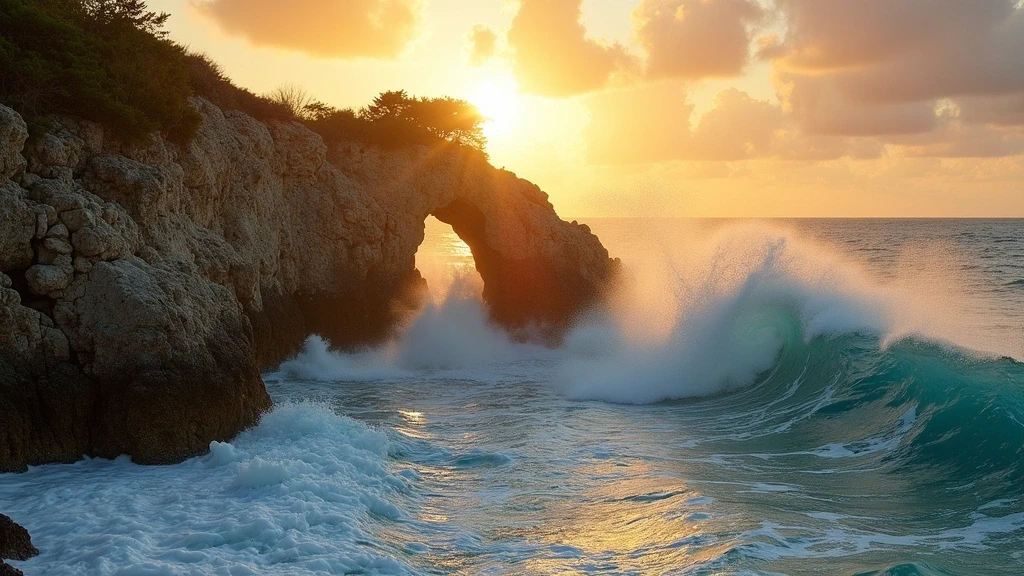Goldene Stunde an Devil's Bridge mit Wellen und Regenbogen in Antigua, Antigua und Barbuda