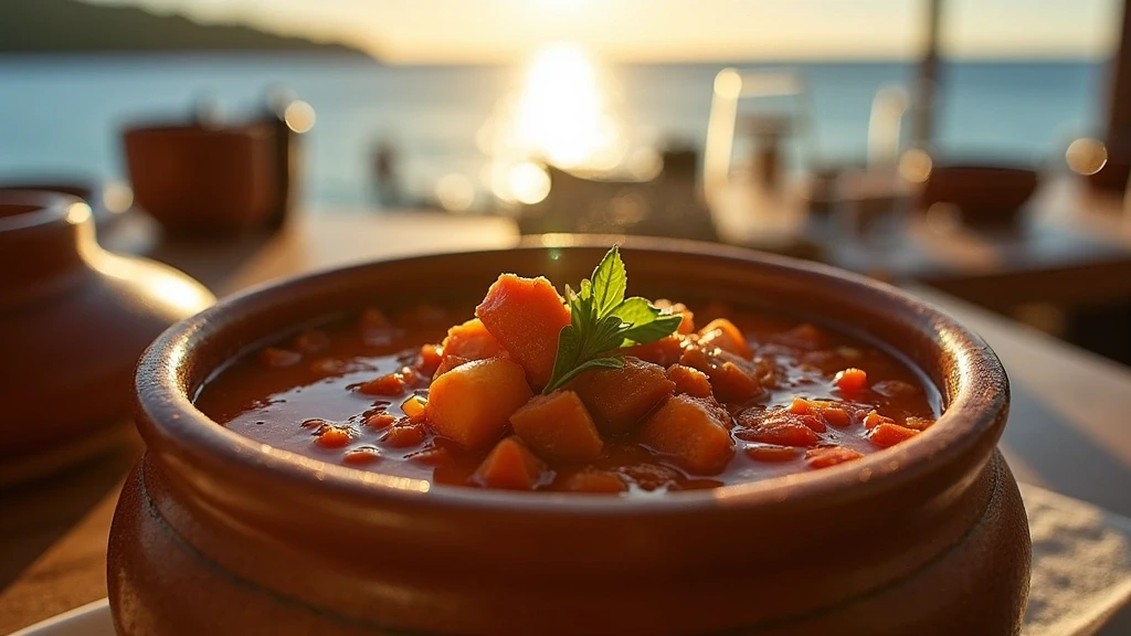 Traditionelle Antigua-Pfeffertopf-Eintopf in handgemachter Keramikschale am Strandrestaurant