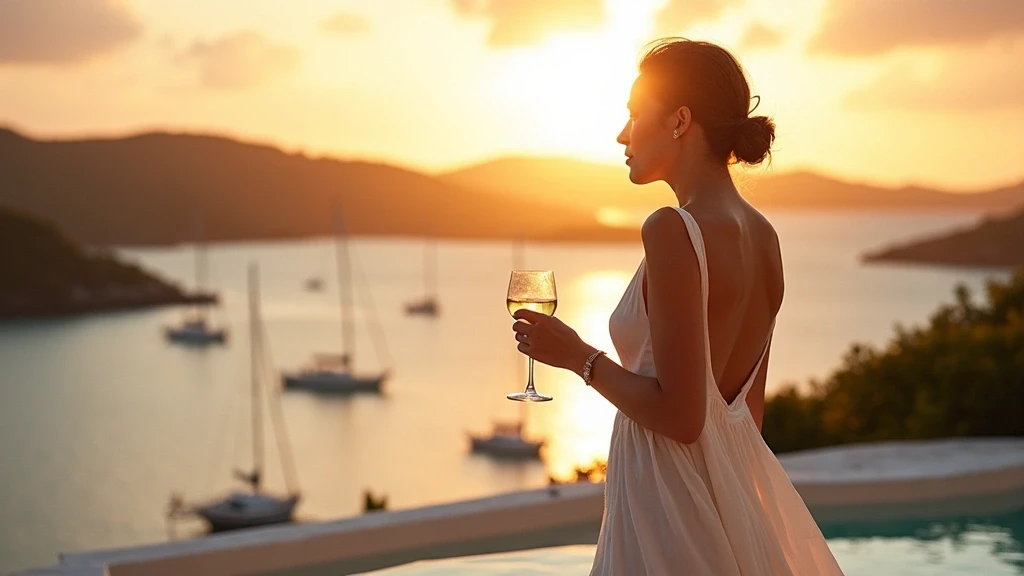 Elegante Frau geniesst Sonnenuntergang-Cocktail auf Villa-Terrasse mit Blick auf Falmouth Harbour in Antigua