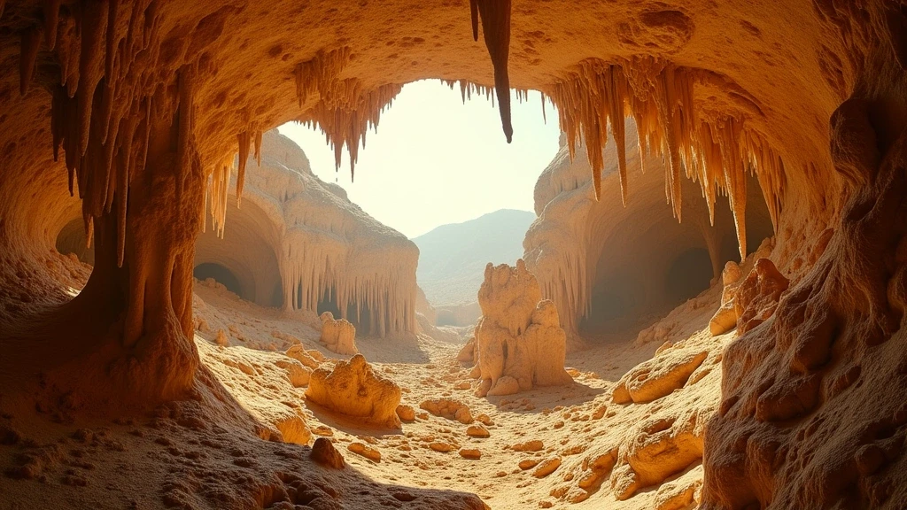 Panoramablick auf die spektakulaeren Stalaktiten in der Hoehle von Antiparos im goldenen Licht