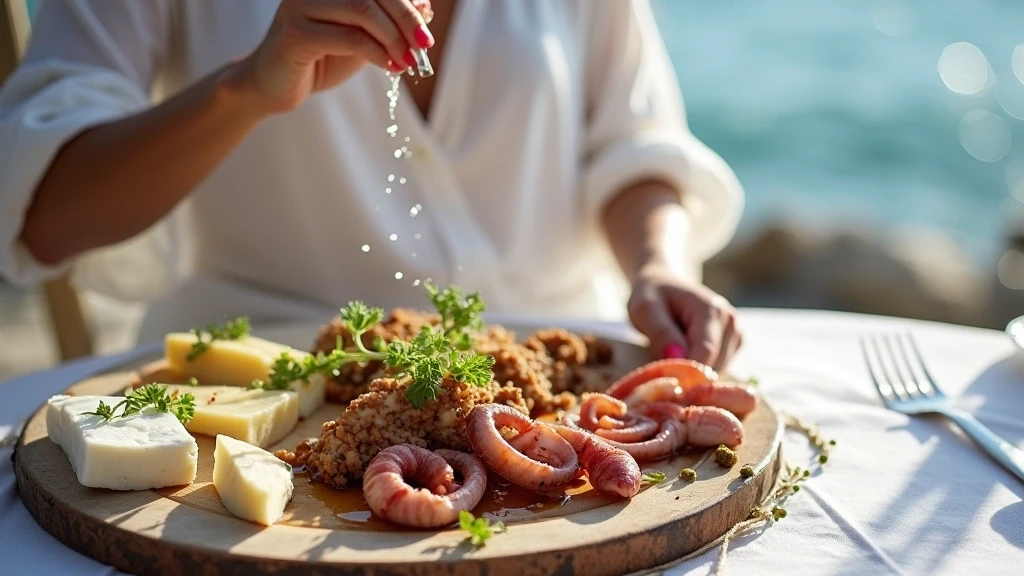 Elegante Frau geniesst traditionelle griechische Meze in einer Strandtaverne auf Antiparos
