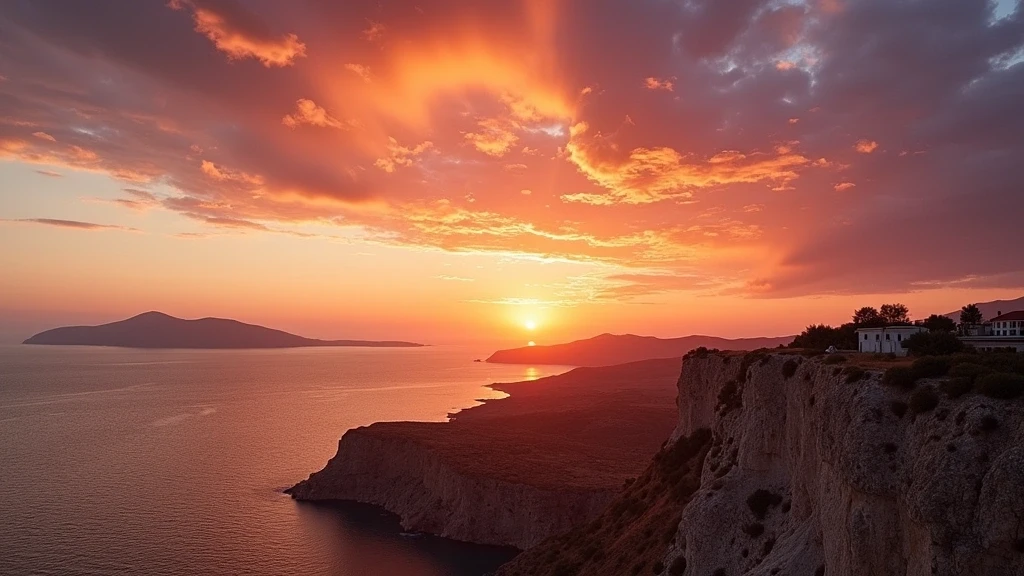 Dramatischer Sonnenuntergang ueber der Aegaeis von den Klippen von Antiparos aus gesehen