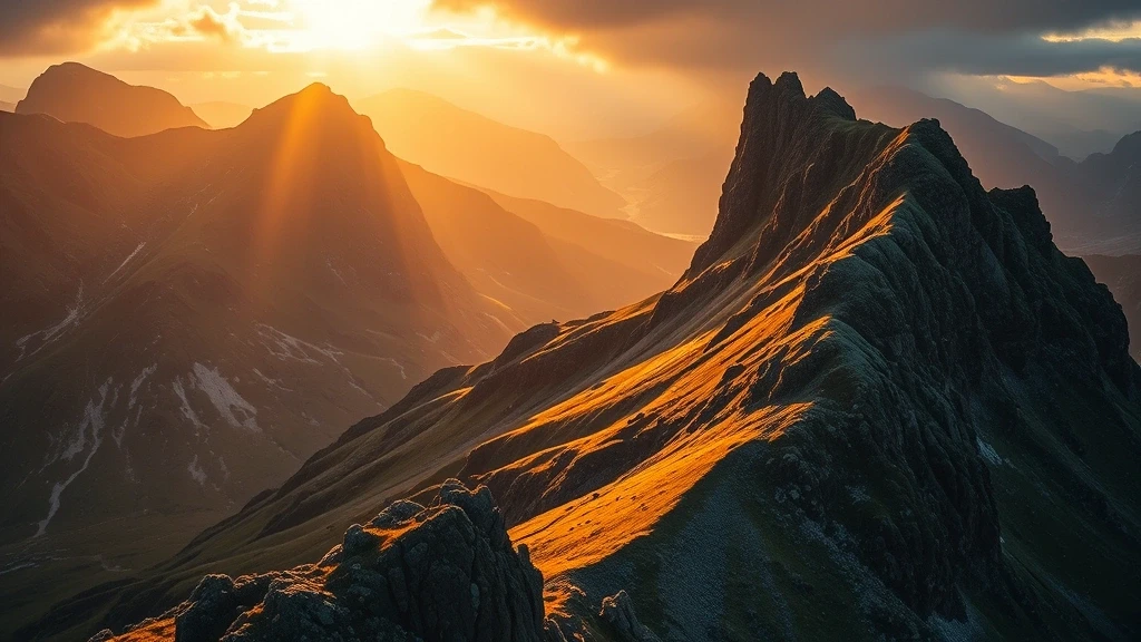 Goldene Stunde am Aonach Eagach Ridge in Schottland mit dramatischen Felsformationen