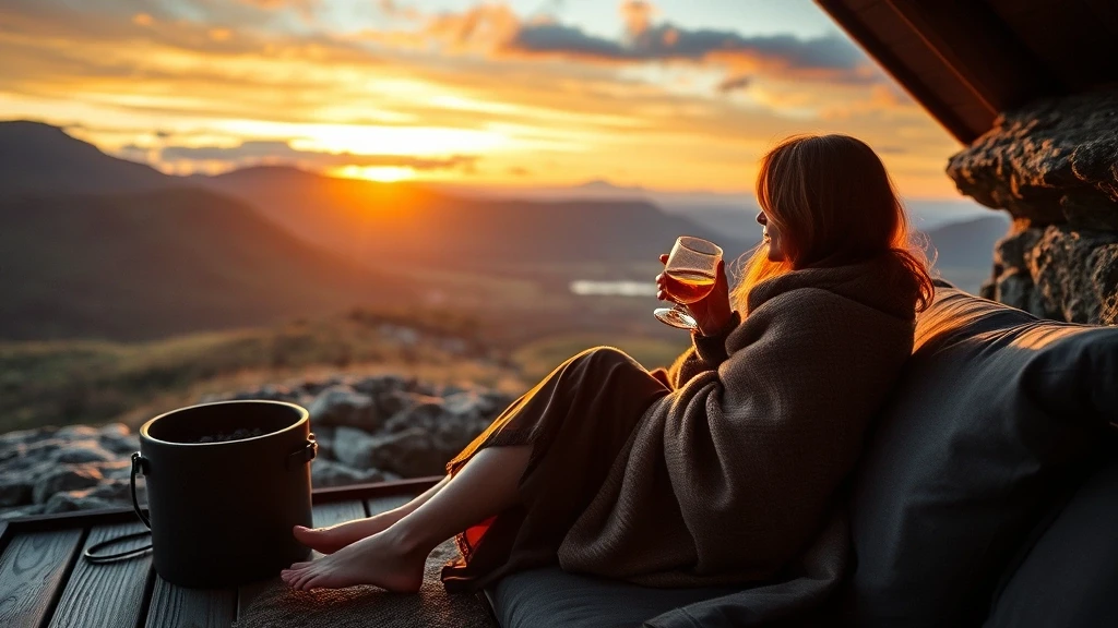 Elegante Frau geniesst Whisky bei Sonnenuntergang am Aonach Eagach Ridge