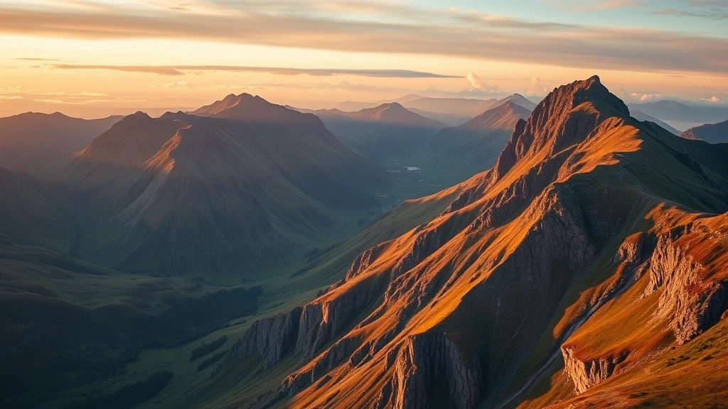 Dramatische Luftaufnahme des Aonach Eagach-Gratwanderwegs in den schottischen Highlands zur goldenen Stunde