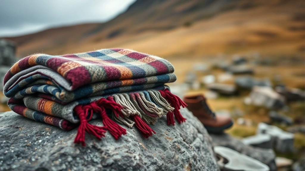 Traditionelle schottische Wolldecken und Wanderausruestung vor der Kulisse des Aonach Eagach