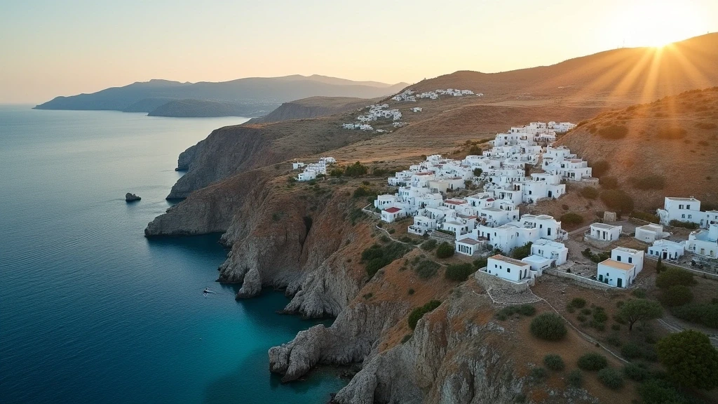 Dramatische Luftaufnahme der Ägäis-Küste mit traditioneller Architektur in Apollonia, Griechenland zur goldenen Stunde