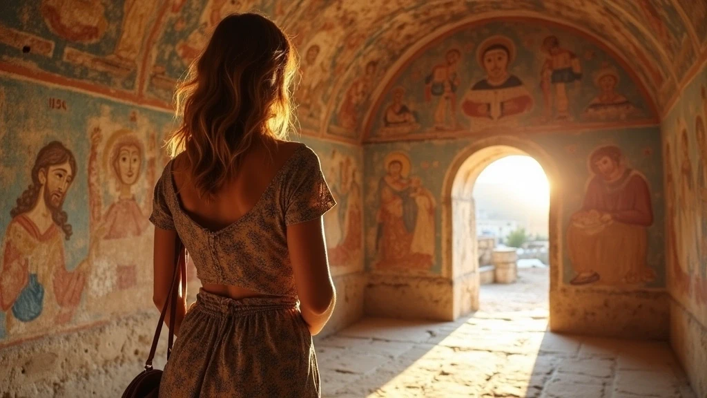 Stylische Reisende erkundet byzantinische Kapelle mit Fresken in Apollonia, Griechenland