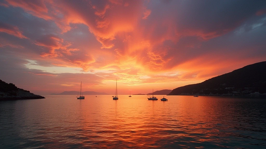 Spektakulärer Sonnenuntergang über der Ägäis in Apollonia, Griechenland mit Fischerboot-Silhouetten
