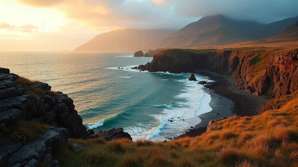 Goldene Stunde an der felsigen Kueste der Applecross Bay in Schottland