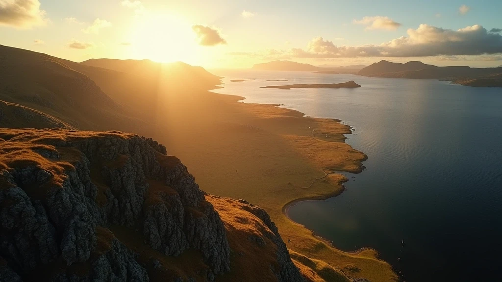 Luftaufnahme des Bealach na Bà Passes in Applecross zur goldenen Stunde mit Blick auf die Highlands