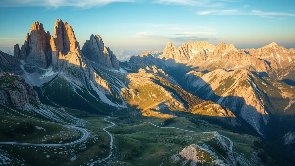 Luftaufnahme der dramatischen Dolomiten-Gipfel um Arabba zur goldenen Stunde