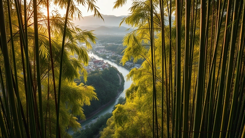 Luftaufnahme des Arashiyama Bambushains in Japan zur goldenen Stunde mit Hozu Fluss