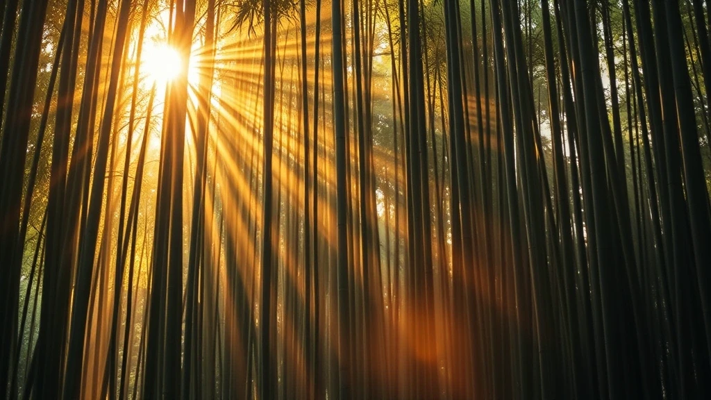 Goldene Stunde im Arashiyama Bambushain mit Lichtstrahlen und Nebel