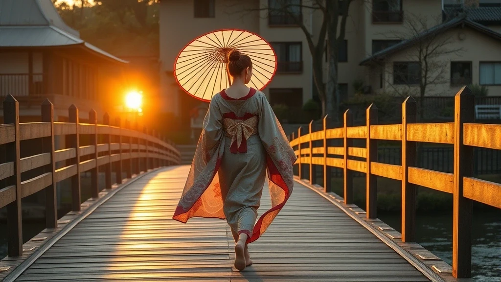 Elegante Frau im Kimono auf der Togetsukyo Bruecke in Arashiyama zur goldenen Stunde