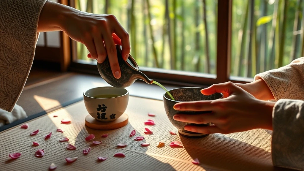 Traditionelle japanische Teezeremonie in Arashiyama mit Matcha und Kirschblueten