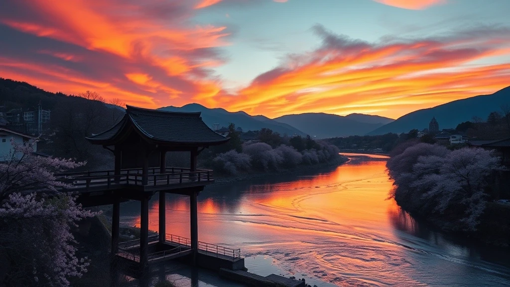 Togetsukyo Bruecke in Arashiyama bei Sonnenuntergang mit Panoramaansicht