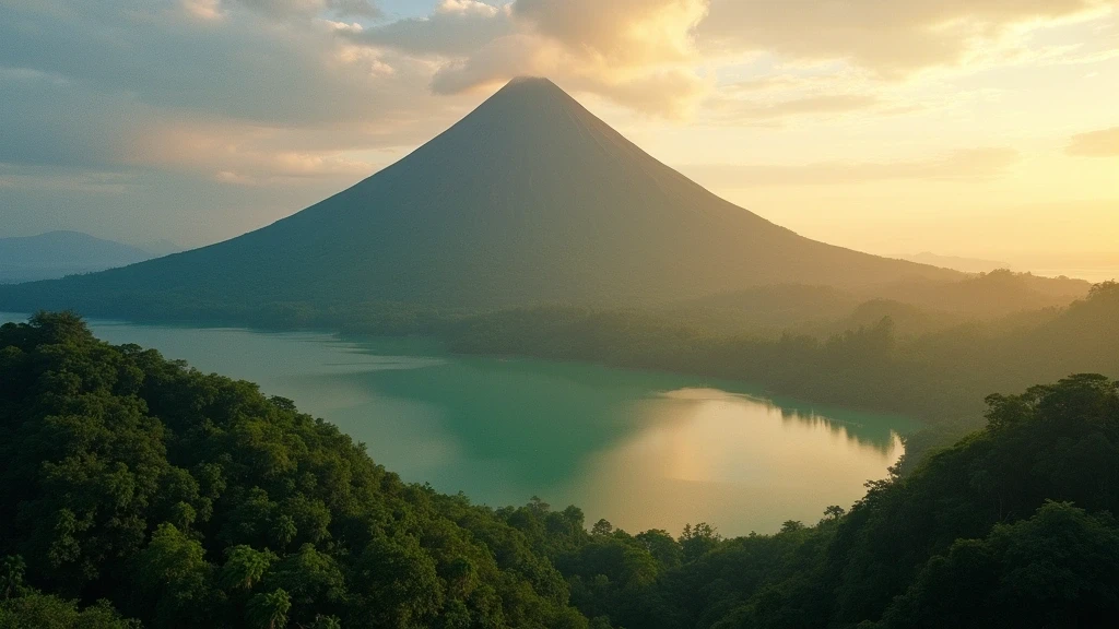 Luftaufnahme des Arenal Vulkans und des Arenal Sees zur goldenen Stunde in Costa Rica