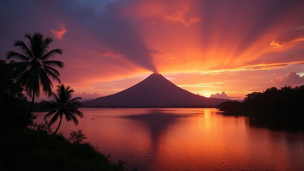 Sonnenuntergang ueber dem Arenal Vulkan mit Spiegelung im Arenal See in Costa Rica