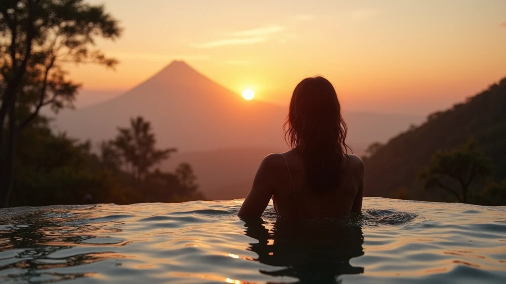 Reisende im Infinity Pool mit Blick auf den Arenal Vulkan bei Sonnenuntergang in Costa Rica