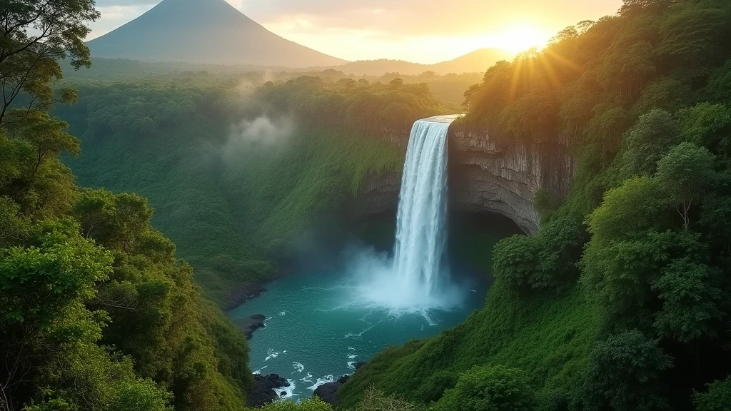 Panorama der La Fortuna Wasserfall im Regenwald von Arenal, Costa Rica zur goldenen Stunde