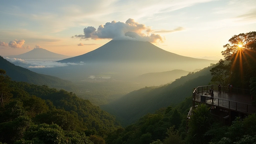 Panoramablick auf Arenal Vulkan vom Observatorium, Morgennebel im Regenwald