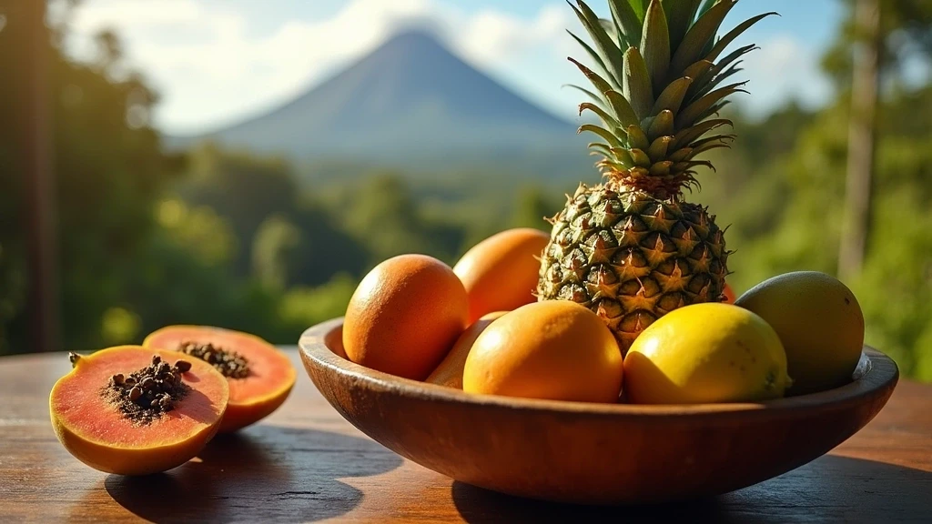 Lokale tropische Fruechte in Holzschale mit Arenal Vulkan im Hintergrund