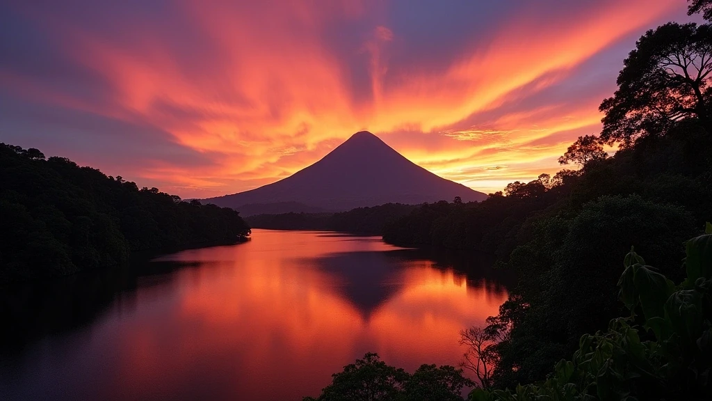Sonnenuntergang ueber dem Arenal Vulkan mit Spiegelung im See, Costa Rica