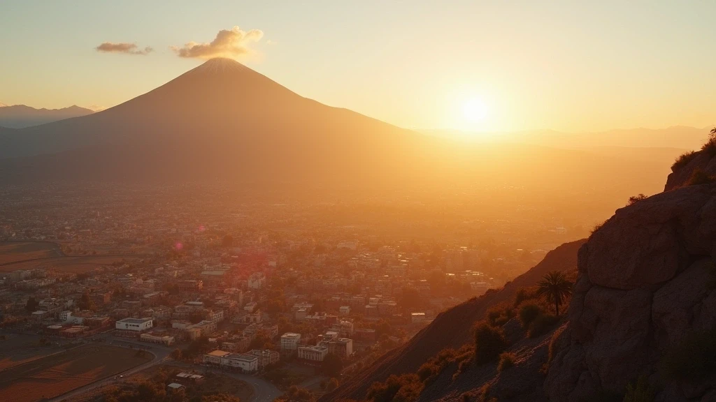 Luftaufnahme des Misti-Vulkans und der weißen Stadt Arequipa zur goldenen Stunde in Peru