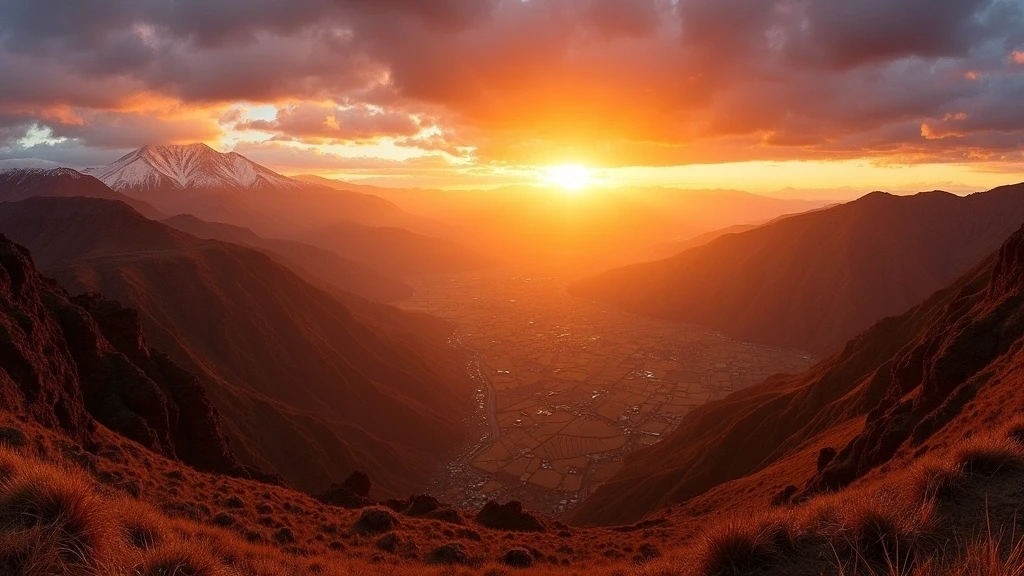 Sonnenuntergang über dem Colca Canyon in Arequipa, Peru mit terrassierten Feldern