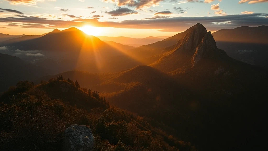 Sonnenaufgang ueber der Pratomagno Bergkette in der Toskana bei Arezzo mit nebligen Taelsern