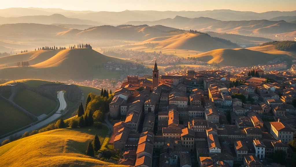 Luftaufnahme der toskanischen Huegellandschaft um Arezzo zur goldenen Stunde mit mittelalterlicher Architektur