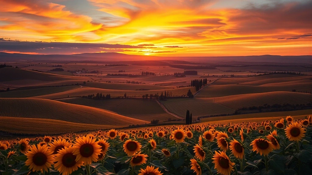 Panoramablick auf das Val di Chiana Tal bei Sonnenuntergang mit Sonnenblumenfeldern in Arezzo, Toskana