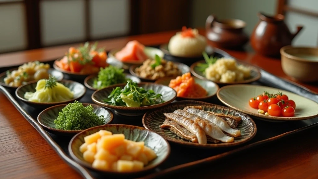 Traditionelle Kaiseki-Kueche in Arima, Japan, saisonale Gerichte auf Lackgeschirr