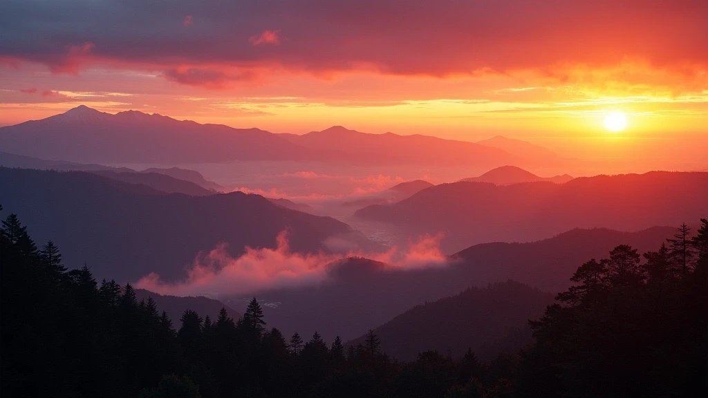 Sonnenuntergang ueber Mount Rokko in Arima, Japan, dramatische Berglandschaft mit heissen Quellen