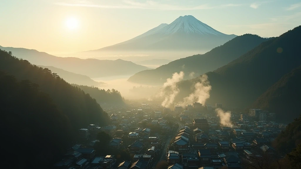 Luftaufnahme von Arima Onsen mit Mount Rokko zur goldenen Stunde, traditionelle Ryokan-Daecher im Tal