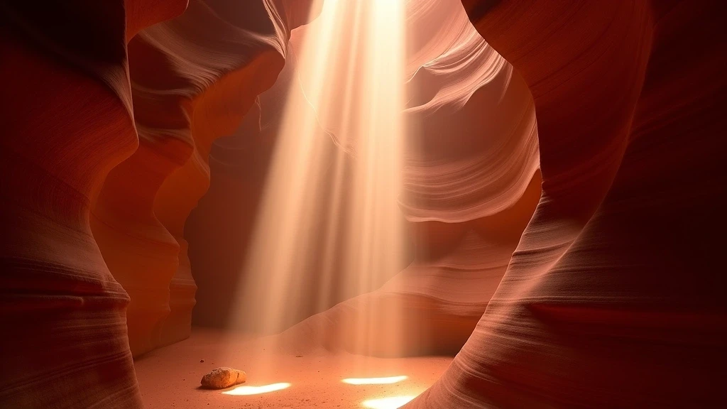 Lichtstrahlen im Antelope Canyon in Arizona waehrend der goldenen Stunde