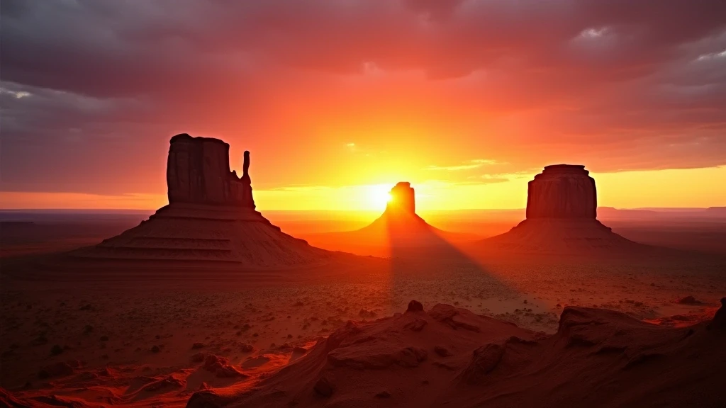 Sonnenuntergang ueber Monument Valley in Arizona mit ikonischen Buttes und Mesas