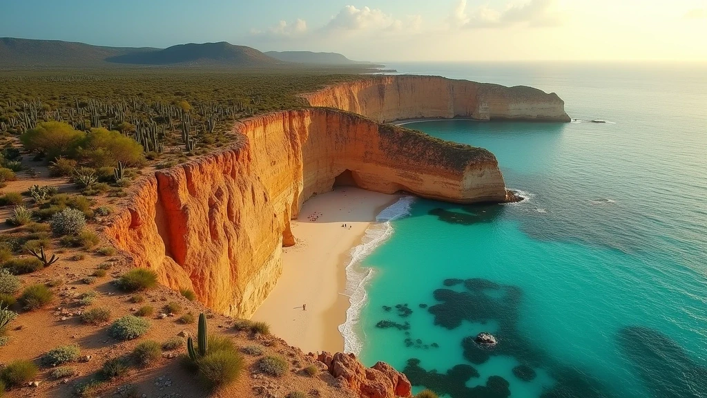 Luftaufnahme des Arikok Nationalparks in Aruba mit Wuestenlandschaft und tuerkisfarbenem Meer zur goldenen Stunde