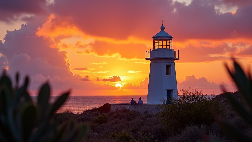 Panorama des California Leuchtturms in Aruba bei goldener Stunde mit dramatischem Sonnenuntergang